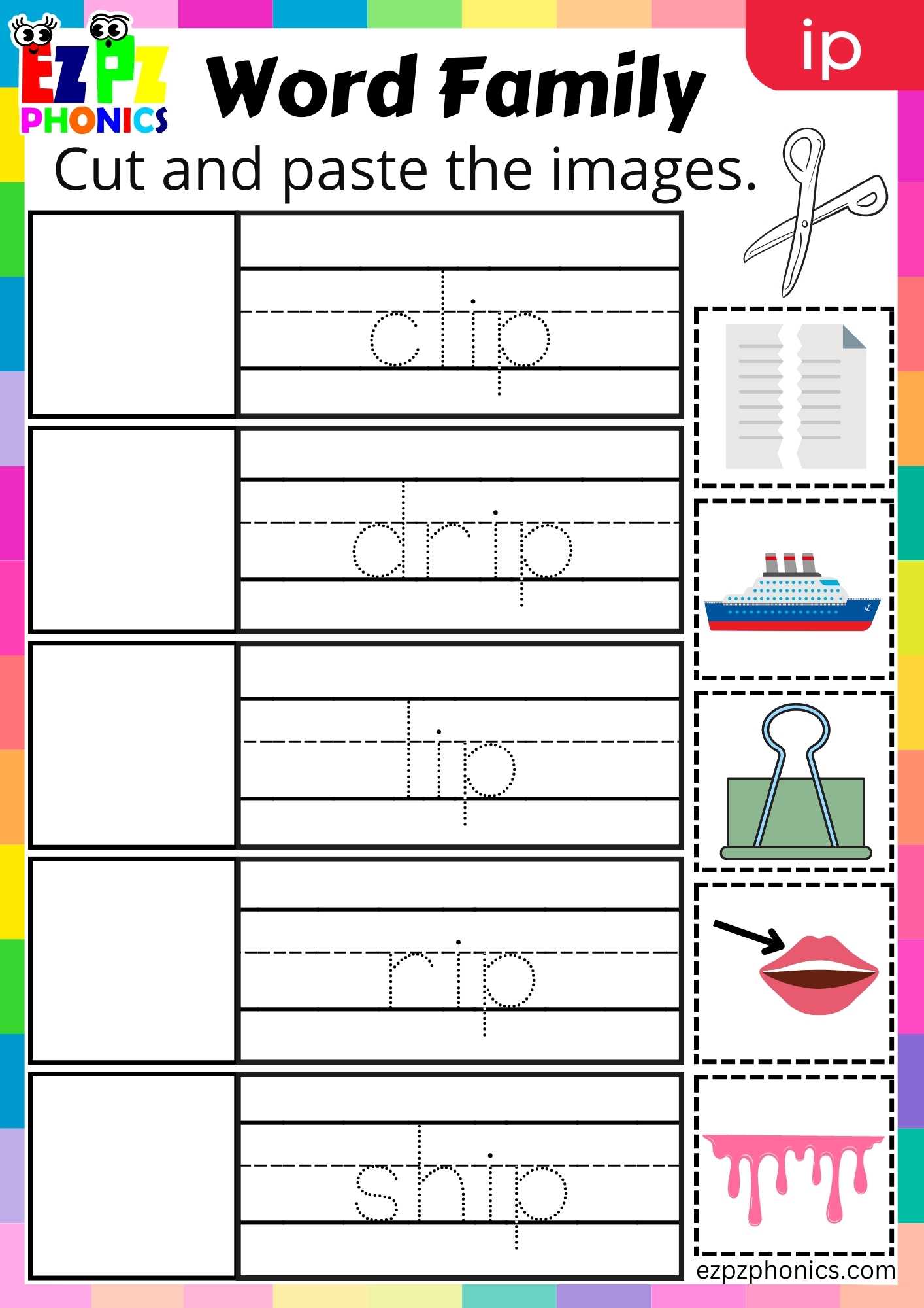 IP Words Cut And Paste The Images Phonics Word Families Worksheet
